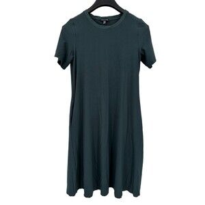Eileen Fisher Dress Small Green Crepe Crew Neck Short Sleeve Pockets